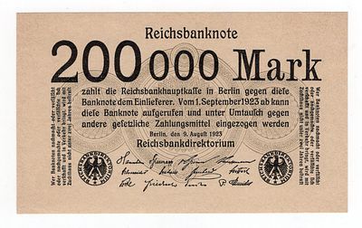Германия 200000 марок 1923г Пятый выпуск. Pick № 100. Рейхсбанк