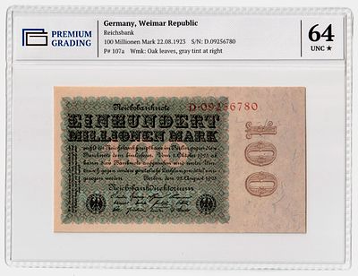 Германия 100000000 марок 1923г Пятый выпуск в слабе PG UNC64*. Pick № 107a. Рейхсбанк