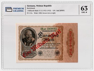 Германия 10000000000 марок 1923г Седьмой выпуск надпечатка в слабе PG UNC63*. Pick № 113a. Рейхсбанк