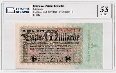 Германия 10000000000 марок 1923г Седьмой выпуск в слабе PG AUNC53. Pick № 114a. Рейхсбанк