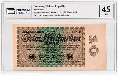 Германия 100000000000 марок 1923г Седьмой выпуск в слабе PG XF45. Pick № 116b. Рейхсбанк