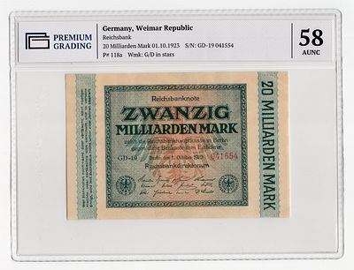 Германия 200000000000 марок 1923г Седьмой выпуск в слабе PG AUNC58. Pick № 118a. Рейхсбанк