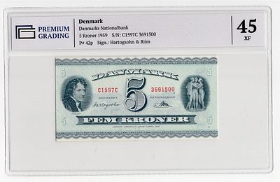 Дания 5 крон 1959г в слабе PG XF45. Pick № 42p. signatures: Hartogsohn &amp; Riim
