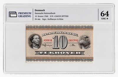 Дания 10 крон 1968г в слабе PG UNC64*. Pick № 44z. signatures: Hoffmeyer &amp; Riim