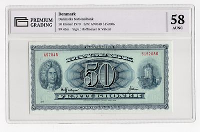 Дания 50 крон 1970г в слабе PG AUNC58. Pick № 45m. signatures: Hoffmeyer & Valeur