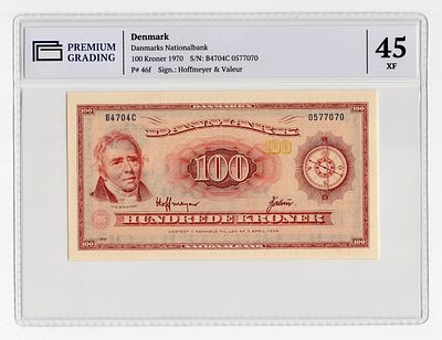 Дания 100 крон 1970г в слабе PG XF45. Pick № 46f. signatures: Hoffmeyer & Valeur