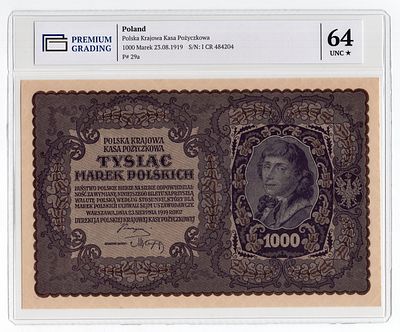 Польша 1000 марок 1919г в слабе PG UNC64*. Pick № 29a.