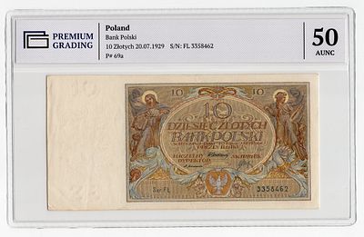 Польша 10 злотых 1929г в слабе PG AUNC50. Pick № 69a. Банк польский