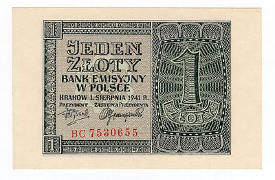 Польша 1 злотый 1941г аUNC. Pick № 99. Эмиссионный Банк Польши