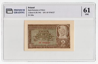 Польша 2 злотых 1941г в слабе PG UNC61. Pick № 100a. Эмиссионный Банк Польши