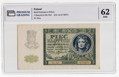 Польша 5 злотых 1941г в слабе PG UNC62. Pick № 101a. Эмиссионный Банк Польши