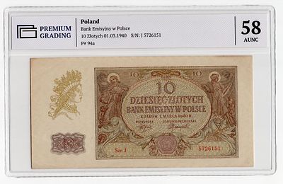 Польша 10 злотых 1940г в слабе PG AUNC58. Pick № 94a. Эмиссионный Банк Польши
