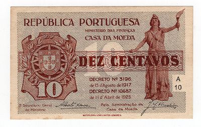 Португалия 10 сентаво 1925г Casa da Moeda. Pick № 101. Casa da Moeda