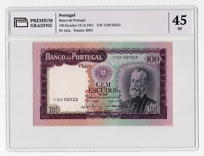 Португалия 100 эскудо 1961г в слабе PG XF45. Pick № 165a. signatures: Rafael da Silva Neves 