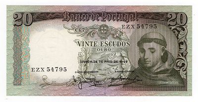 Португалия 20 эскудо 1964г UNC. Pick № 167. signatures: Manuel Jacinto Nunes & Jo&atilde;o Baptista de 