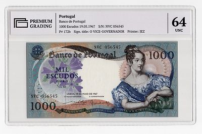 Португалия 1000 эскудо 1967г в слабе PG UNC64. Pick № 172b.