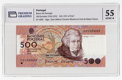Португалия 500 эскудо 1992г в слабе PG AUNC55*. Pick № 180d.