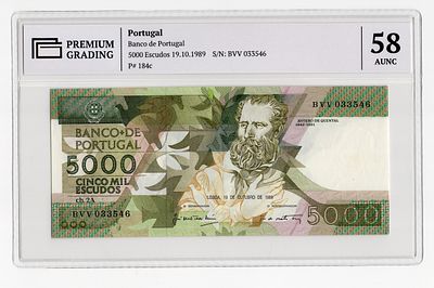 Португалия 5000 эскудо 1989г в слабе PG AUNC58. Pick № 184c.