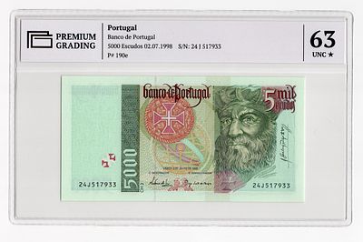 Португалия 5000 эскудо 1998г в слабе PG UNC63*. Pick № 190e.