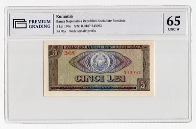Румыния 5 лей 1966г в слабе PG UNC65*. Pick № 93a.