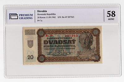 Словакия 20 крон 1942г UNC в слабе PG AUNC58. Pick № 7a.