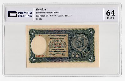 Словакия 100 крон 1940г UNC в слабе PG UNC64*. Pick № 11a.