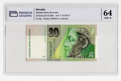 Словакия 20 крон 2006г в слабе PG UNC64*. Pick № 20g.