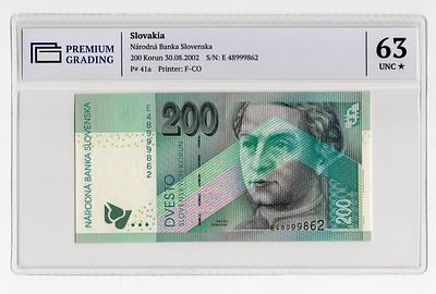 Словакия 200 крон 2002г в слабе PG UNC63*. Pick № 41a.