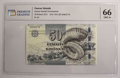Фарерские острова 50 крон 2011г в слабе PG UNC66*. Pick № 29.