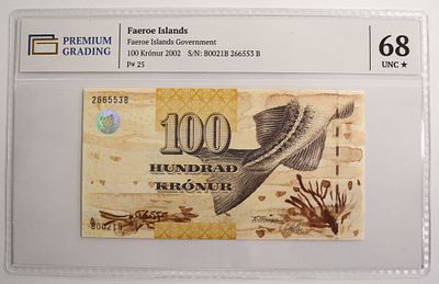 Фарерские острова 100 крон 2002г в слабе PG UNC68*. Pick № 25.