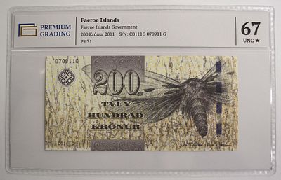 Фарерские острова 200 крон 2011г в слабе PG UNC67*. Pick № 31.