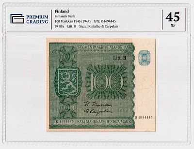 Финляндия 100 марок 1945г Лит. Б в слабе PG XF45. Pick № 73a.
