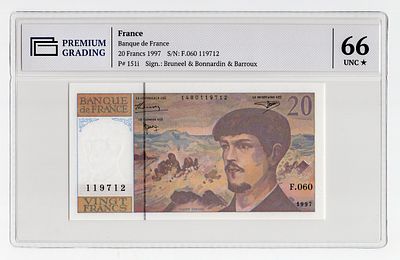 Франция 20 франков 1997г в слабе PG UNC66*. Pick № 151i.