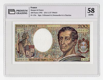 Франция 200 франков 1992г в слабе PG AUNC58. Pick № 155e.