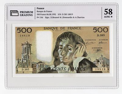 Франция 500 франков 1992г в слабе PG AUNC58*. Pick № 156i.