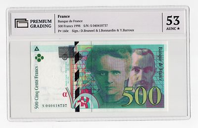 Франция 500 франков 1998г в слабе PG AUNC53*. Pick № 160c.
