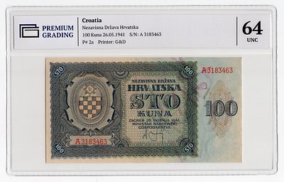 Хорватия 100 кун 1941г в слабе PG UNC64. Pick № 2a.