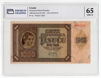 Хорватия 1000 кун 1941г в слабе PG UNC65*. Pick № 4a.