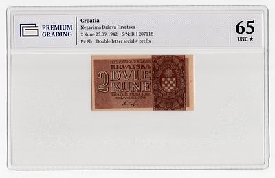 Хорватия 2 куны 1942г в слабе PG UNC65*. Pick № 8b.
