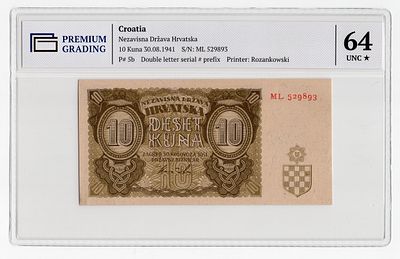 Хорватия 10 кун 1941г в слабе PG UNC64*. Pick № 5b.
