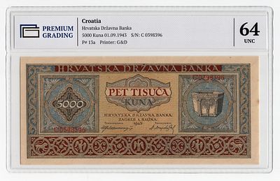 Хорватия 5000 кун 1943г в слабе PG UNC64. Pick № 13a