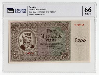 Хорватия 5000 кун 1943г в слабе PG UNC66*. Pick № 14a