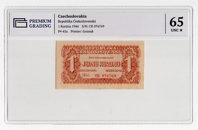 Чехословакия 1 крона 1944г серия СК, Советская Оккупация в слабе PG UNC65*. Pick №c45a.