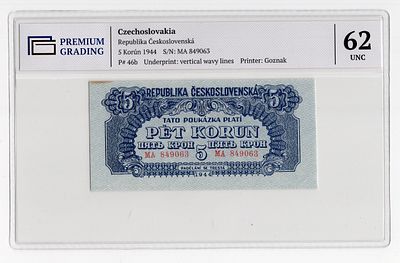 Чехословакия 5 крон 1944г серия МА, Советская Оккупация в слабе PG UNC62. Pick № 46b.