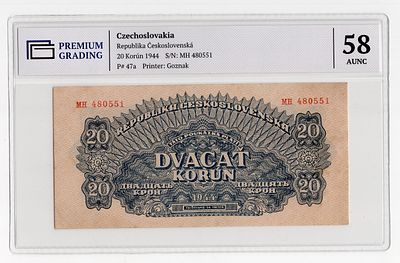 Чехословакия 20 крон 1944г серия МН, Советская Оккупация в слабе PG AUNC58. Pick № 47a.
