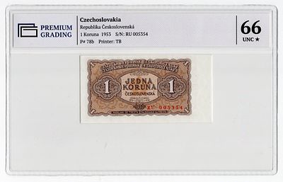 Чехословакия 1 крона 1953г в слабе PG UNC66*. Pick № 78b.