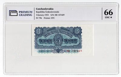 Чехословакия 3 кроны 1953г в слабе PG UNC66*. Pick № 79b.