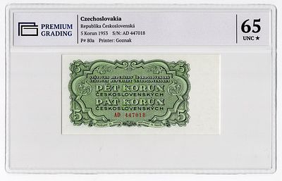 Чехословакия 5 крон 1953г в слабе PG UNC65*. Pick № 80a.