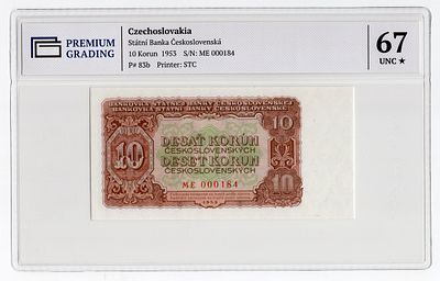 Чехословакия 10 крон 1953г в слабе PG UNC67*. Pick № 83b.