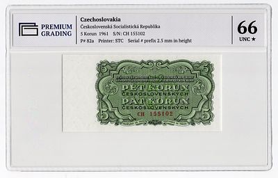 Чехословакия 5 крон 1961г в слабе PG UNC66*. Pick № 82a.